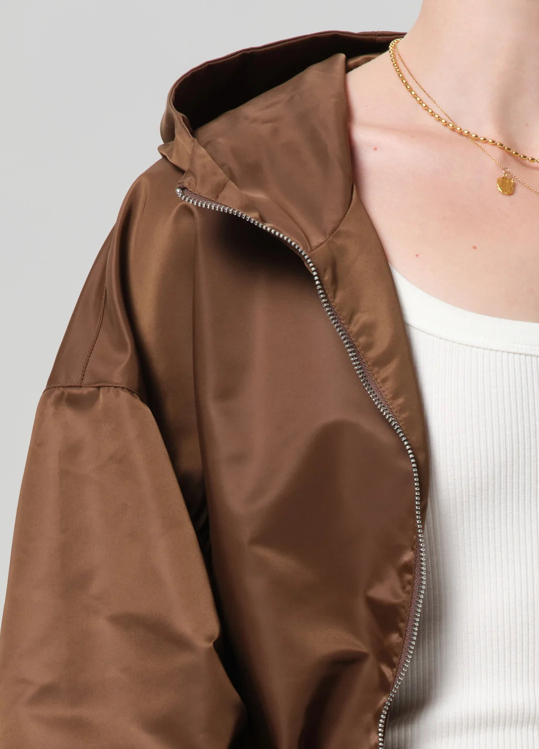 Citizens of Humanity Cropped Nylon Windbreaker in Brown, zipper and collar detail close-up