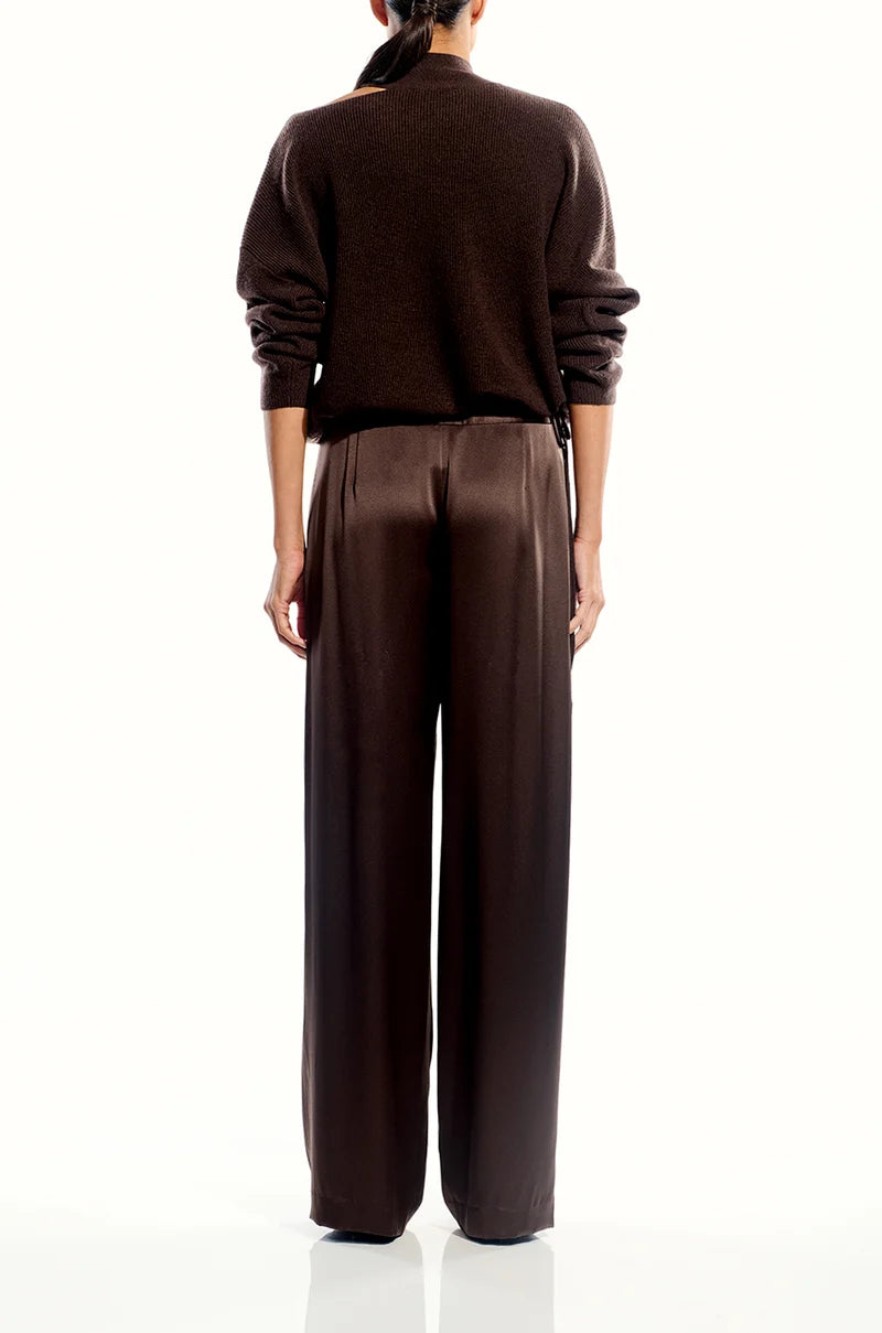 The Sei Open Shoulder Sweater in Cocoa, cocoa brown knit — back view on model