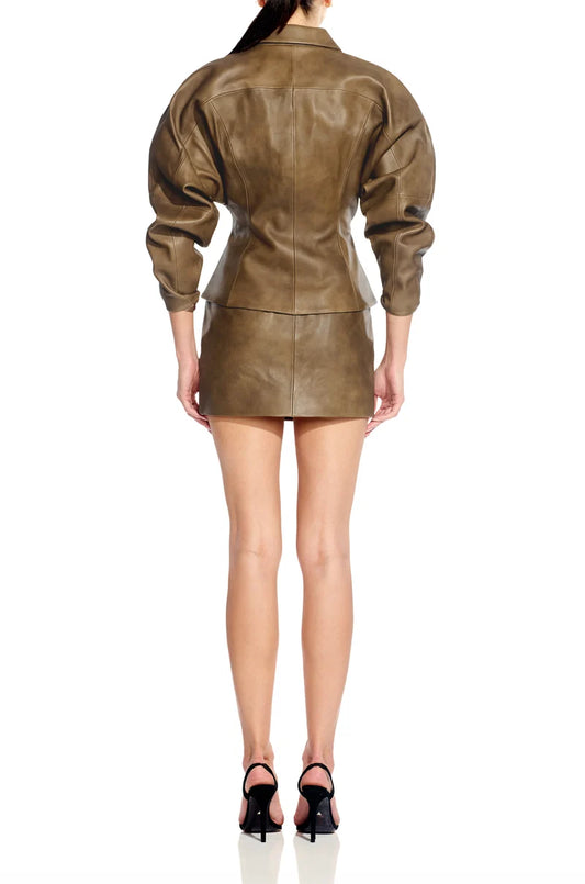 The Sei Fitted Leather Jacket and Leather Mini Skirt in sand lambskin, back view on model
