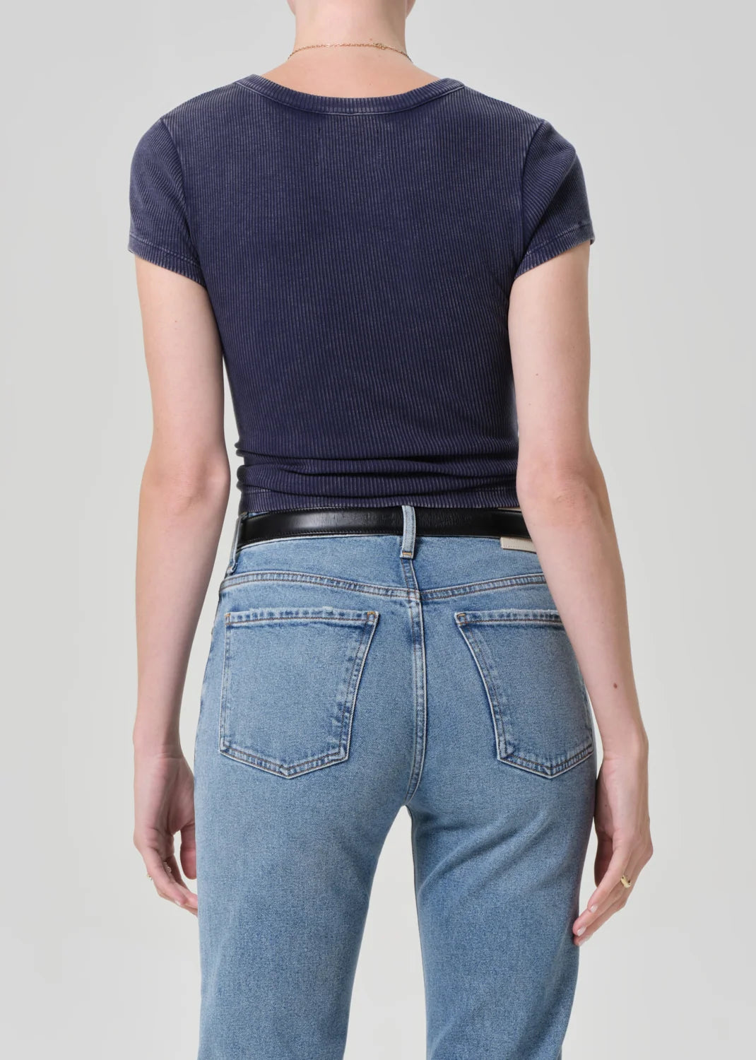Back view of the Nello tee in Mineral Navy showing the sweater rib knit
