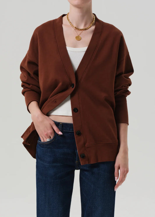 Citizens of Humanity Fleece Cardigan in Chai brown, front view close-up