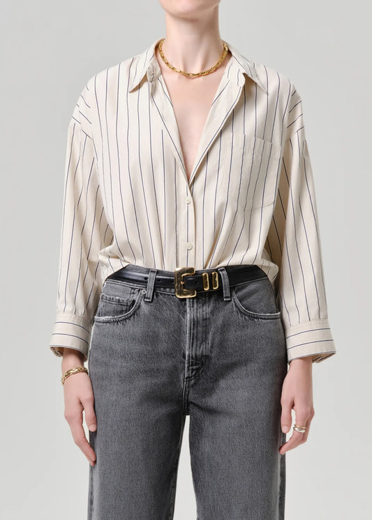 Citizens of Humanity Petit Ami poplin shirt in Ramble Stripe cream and navy, front view, worn tucked into jeans