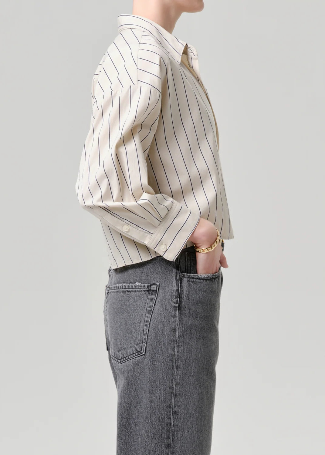 Citizens of Humanity Petit Ami poplin shirt in Ramble Stripe cream and navy, side view