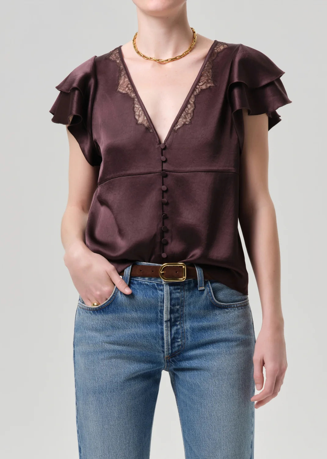 Citizens of Humanity Lola Flutter Lace Sleeve Top in Espresso brown, front view close-up