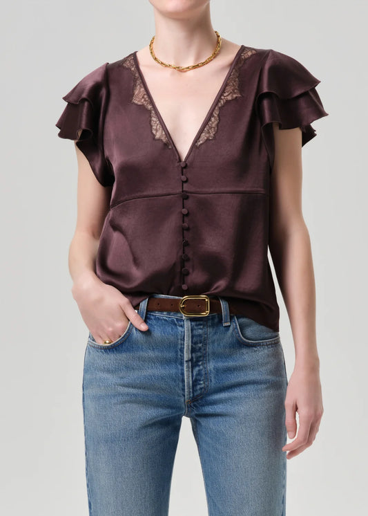 Citizens of Humanity Lola Flutter Lace Sleeve Top in Espresso brown, front view close-up