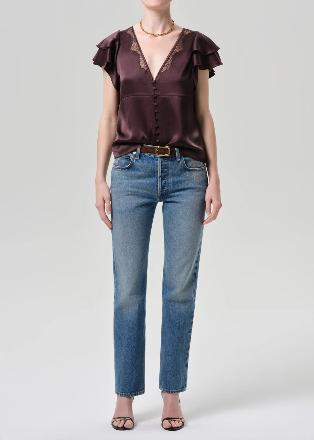 Citizens of Humanity Lola Flutter Lace Sleeve Top in Espresso brown, full-length front view