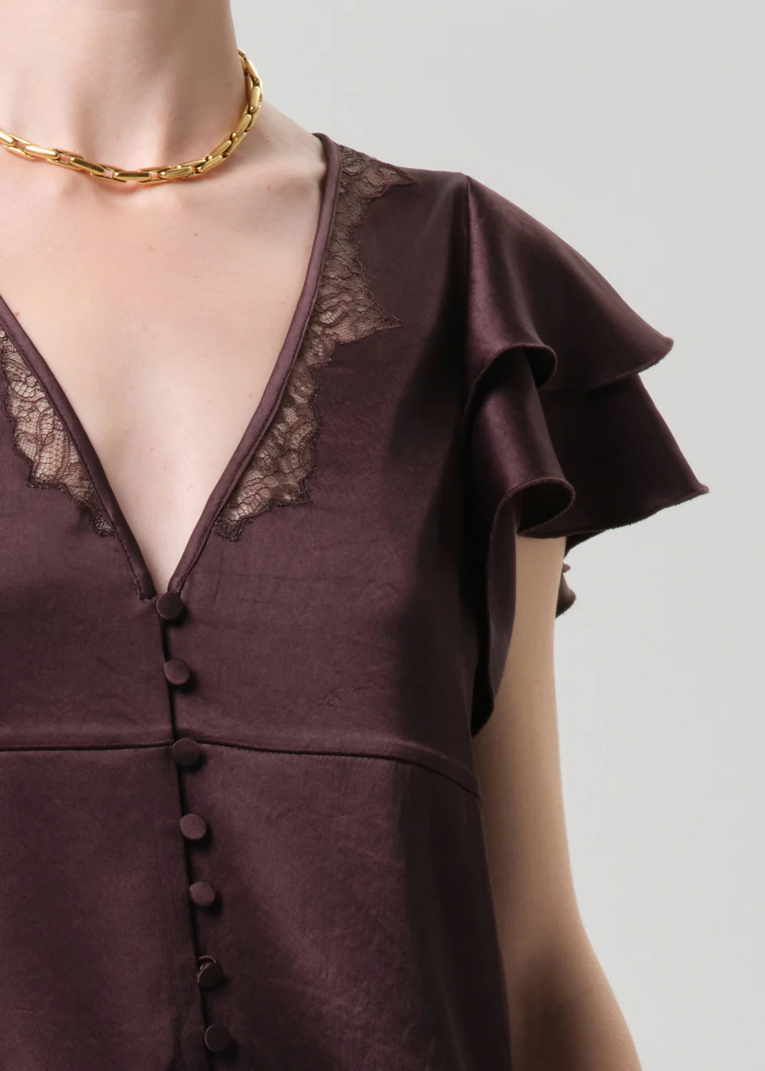 Citizens of Humanity Lola Flutter Lace Sleeve Top in Espresso brown, V-neck lace and button detail close-up