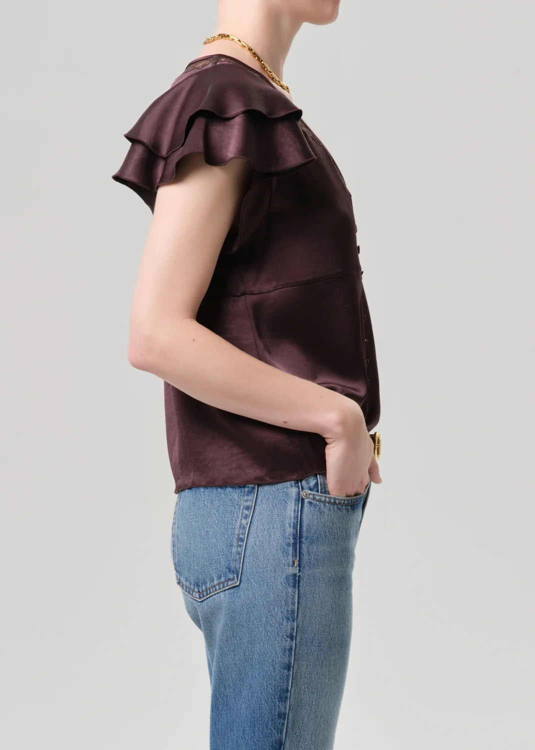 Citizens of Humanity Lola Flutter Lace Sleeve Top in Espresso brown, side view