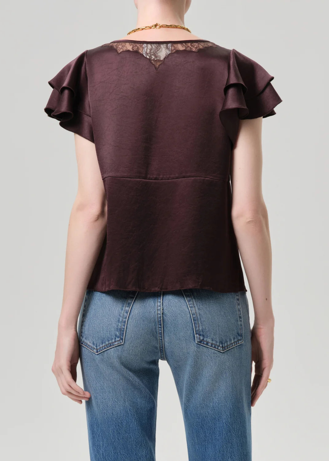 Citizens of Humanity Lola Flutter Lace Sleeve Top in Espresso brown, back view