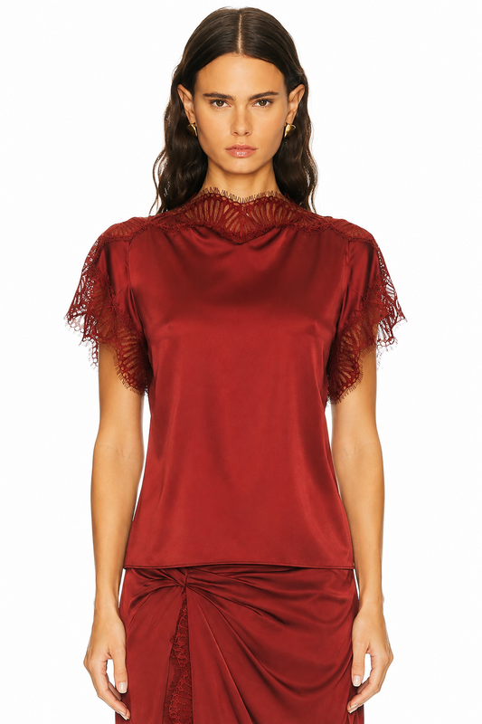 A model wearing an A.L.C Luna Top in red solid white background.