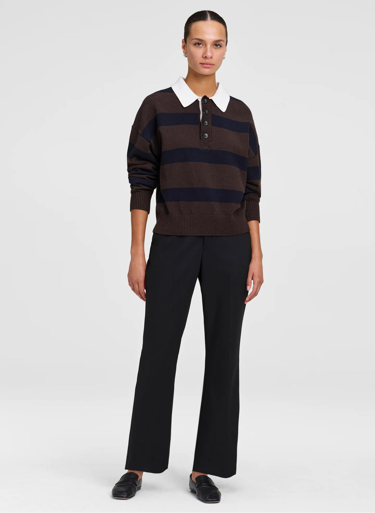 A.L.C. Alexa Cotton Polo Sweater in Dark Carob / Deepest Navy