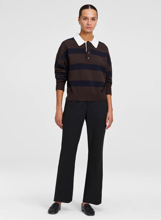 A.L.C. Alexa Cotton Polo Sweater in Dark Carob and Deepest Navy stripes, front view on model
