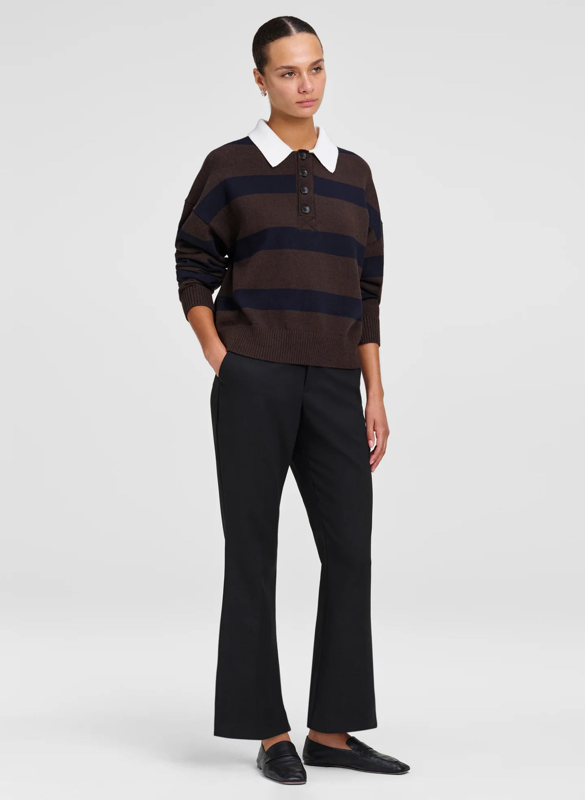 A.L.C. Alexa Cotton Polo Sweater in Dark Carob / Deepest Navy