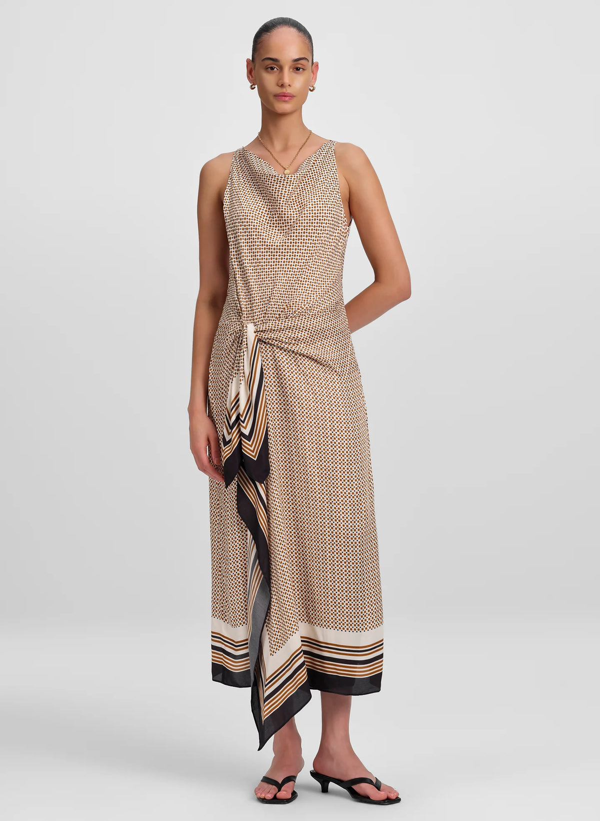 A.L.C. Aliana Scarf Print Midi Dress in Black / Caramel Dotted