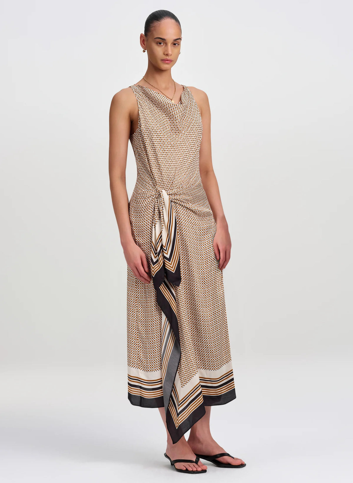 A.L.C. Aliana Scarf Print Midi Dress in Black / Caramel Dotted