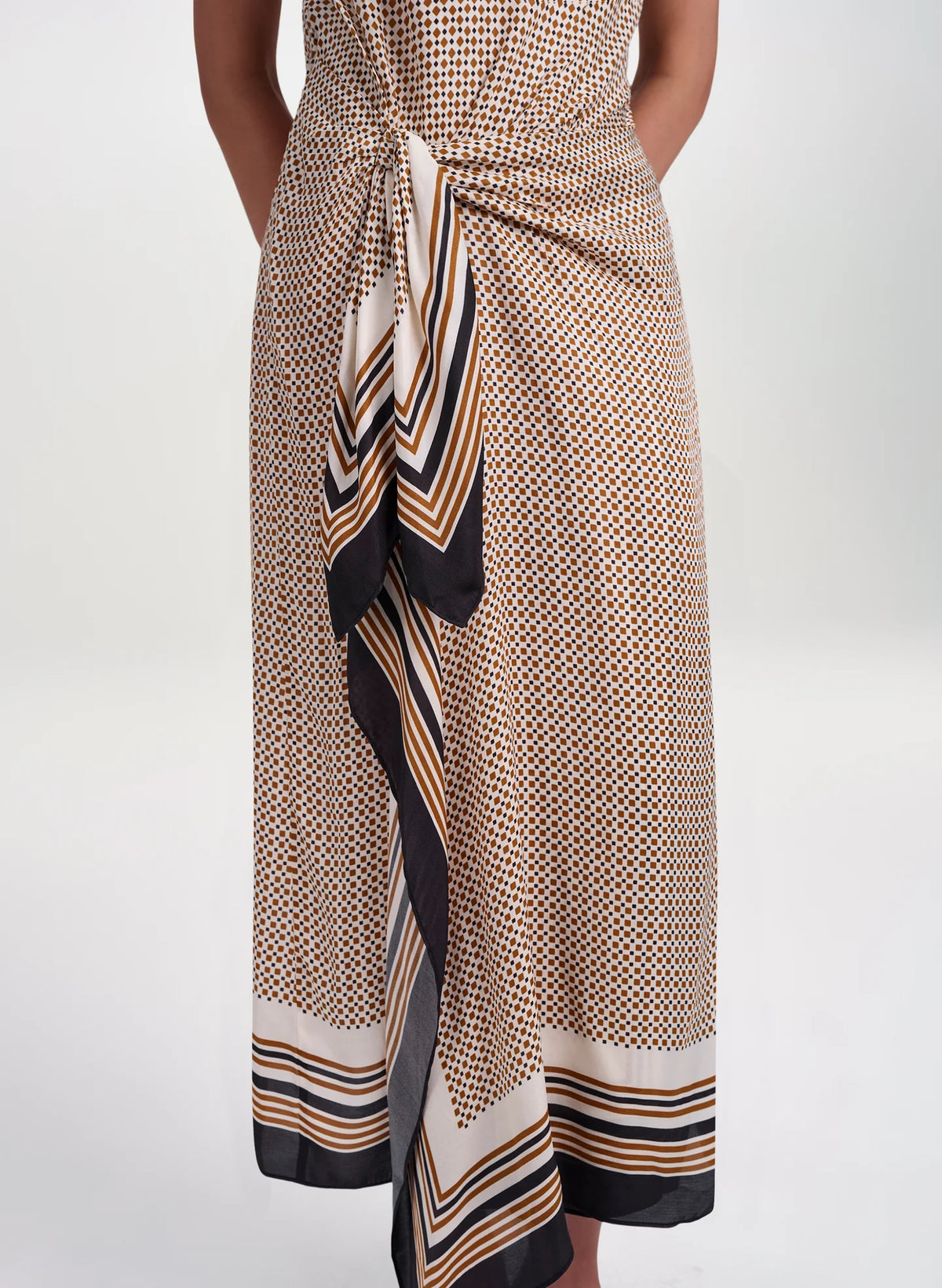 A.L.C. Aliana Scarf Print Midi Dress in Black / Caramel Dotted