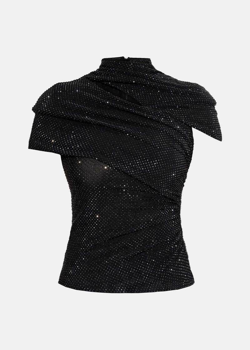 Front flat view of the Self-Portrait rhinestone mesh cut-out top in black with draped high neckline