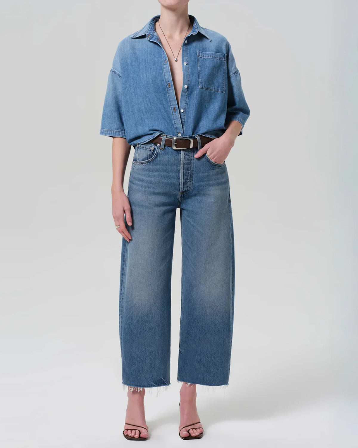 Citizens of Humanity Frances cropped cape button up shirt in Skyland light blue denim, full-length front view