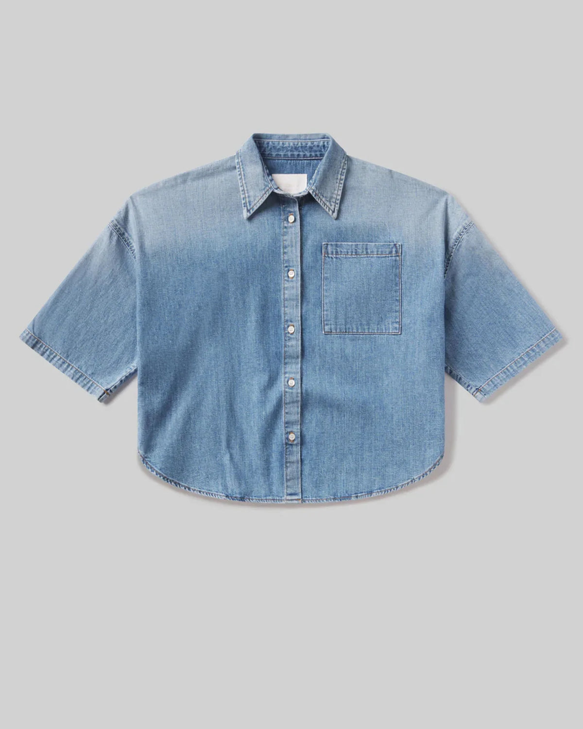 Citizens of Humanity Frances cropped cape button up shirt in Skyland light blue denim, flat lay, front view