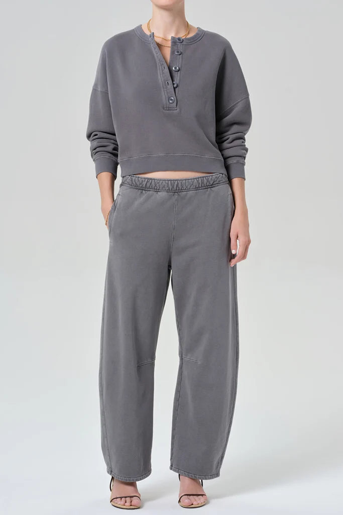 Citizens of Humanity Rhomboid Henley in Dark Grey, full-length front view on model