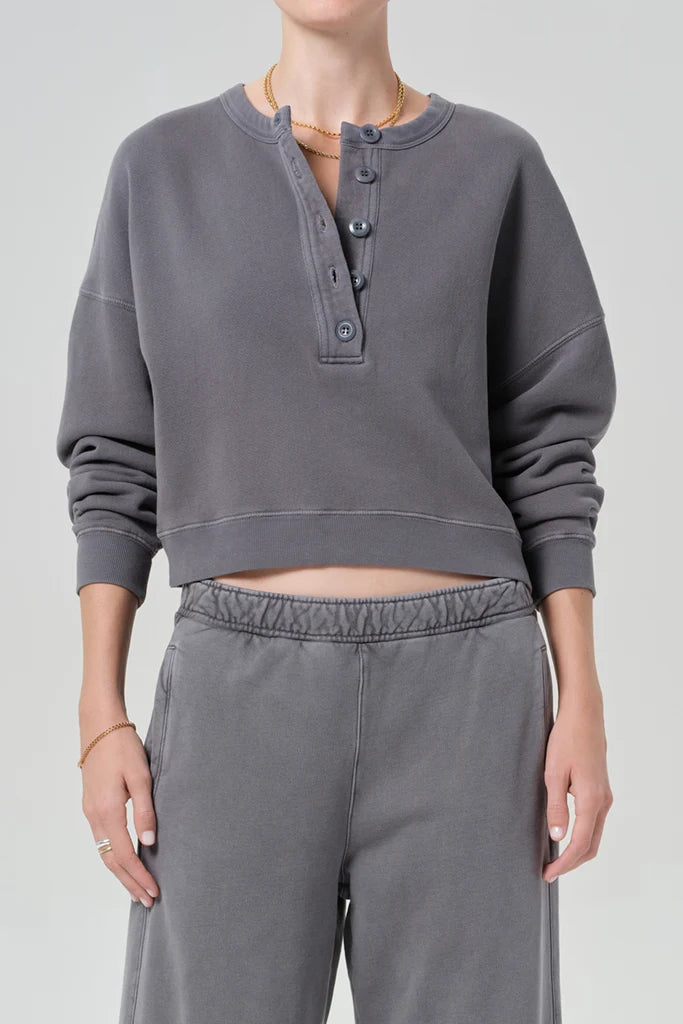 Citizens of Humanity Rhomboid Henley in Dark Grey, front view on model