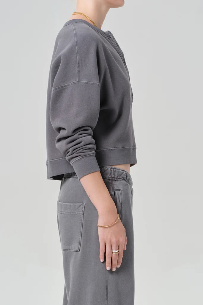 Citizens of Humanity Rhomboid Henley in Dark Grey, side view on model