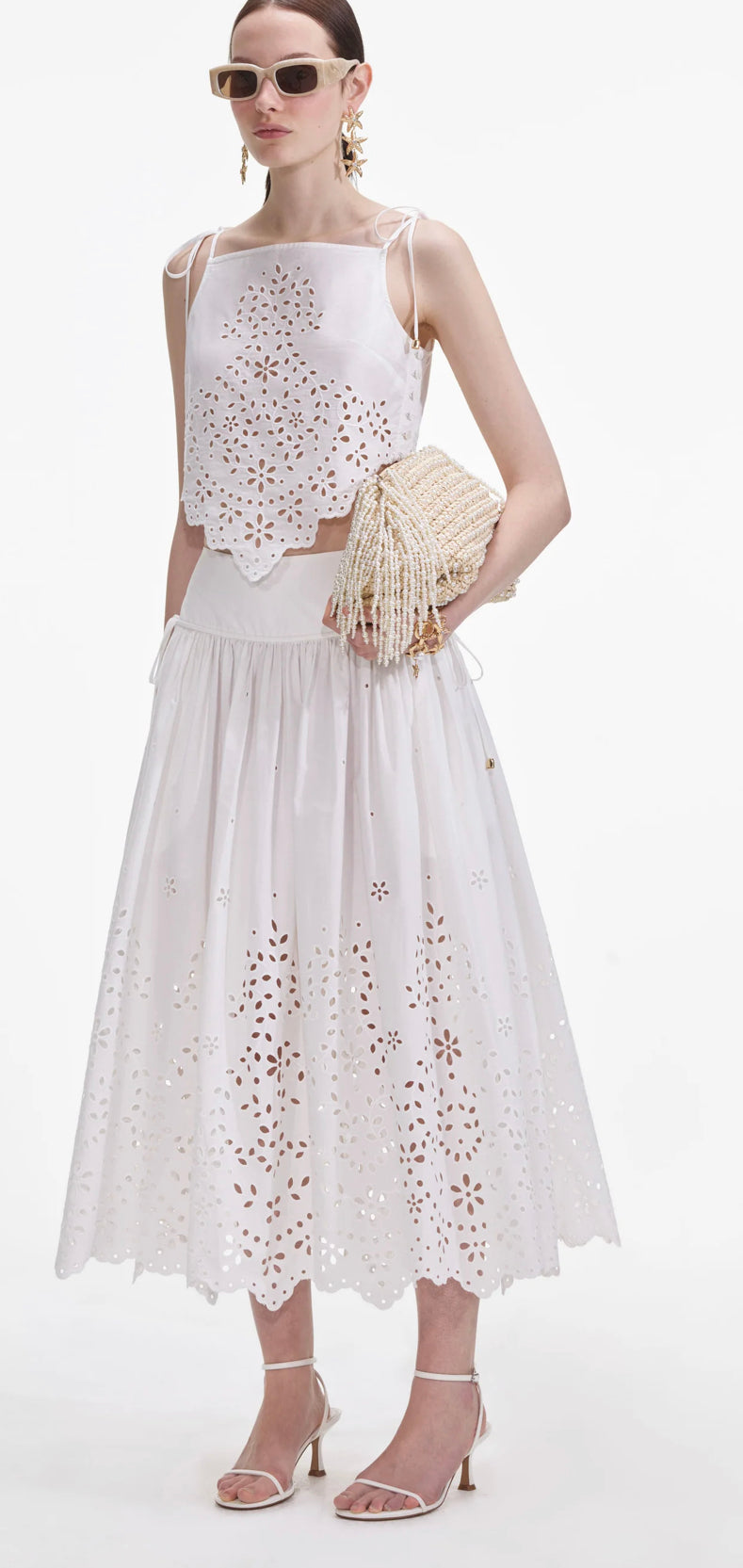 White Cotton Embroidered Midi Skirt
