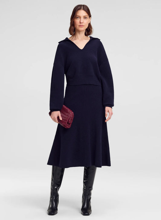 A.L.C. Flo Boucle Midi Skirt in Navy, front view on model worn with a navy sweater