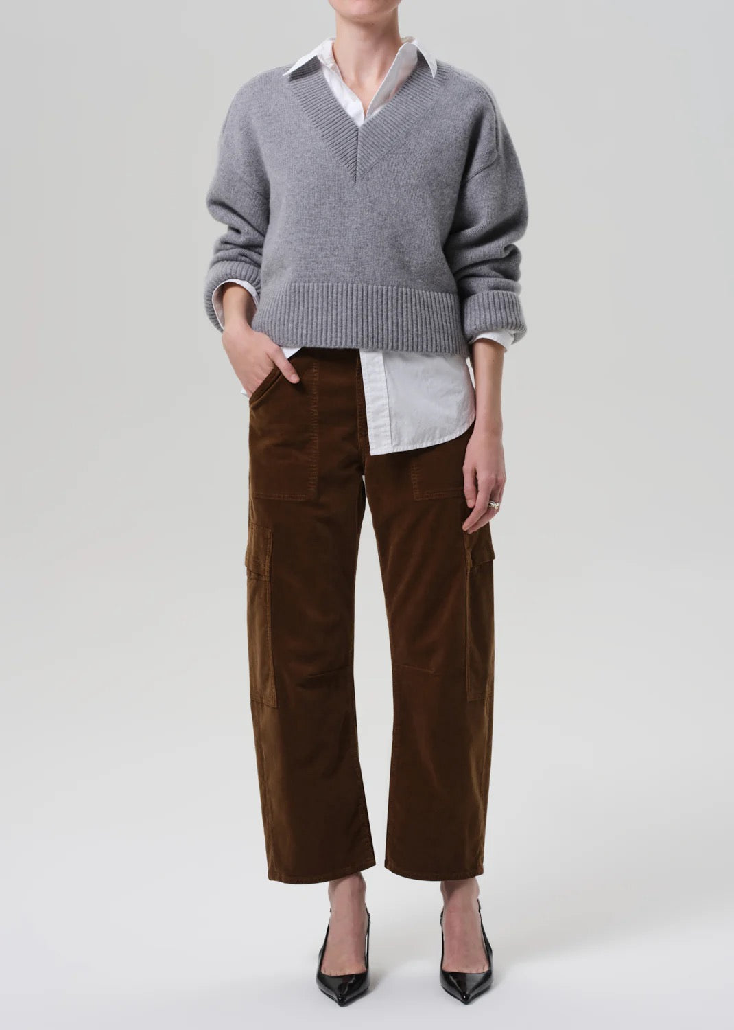 tyled look: Marcelle Corduroy Cargos with neutral top and heels