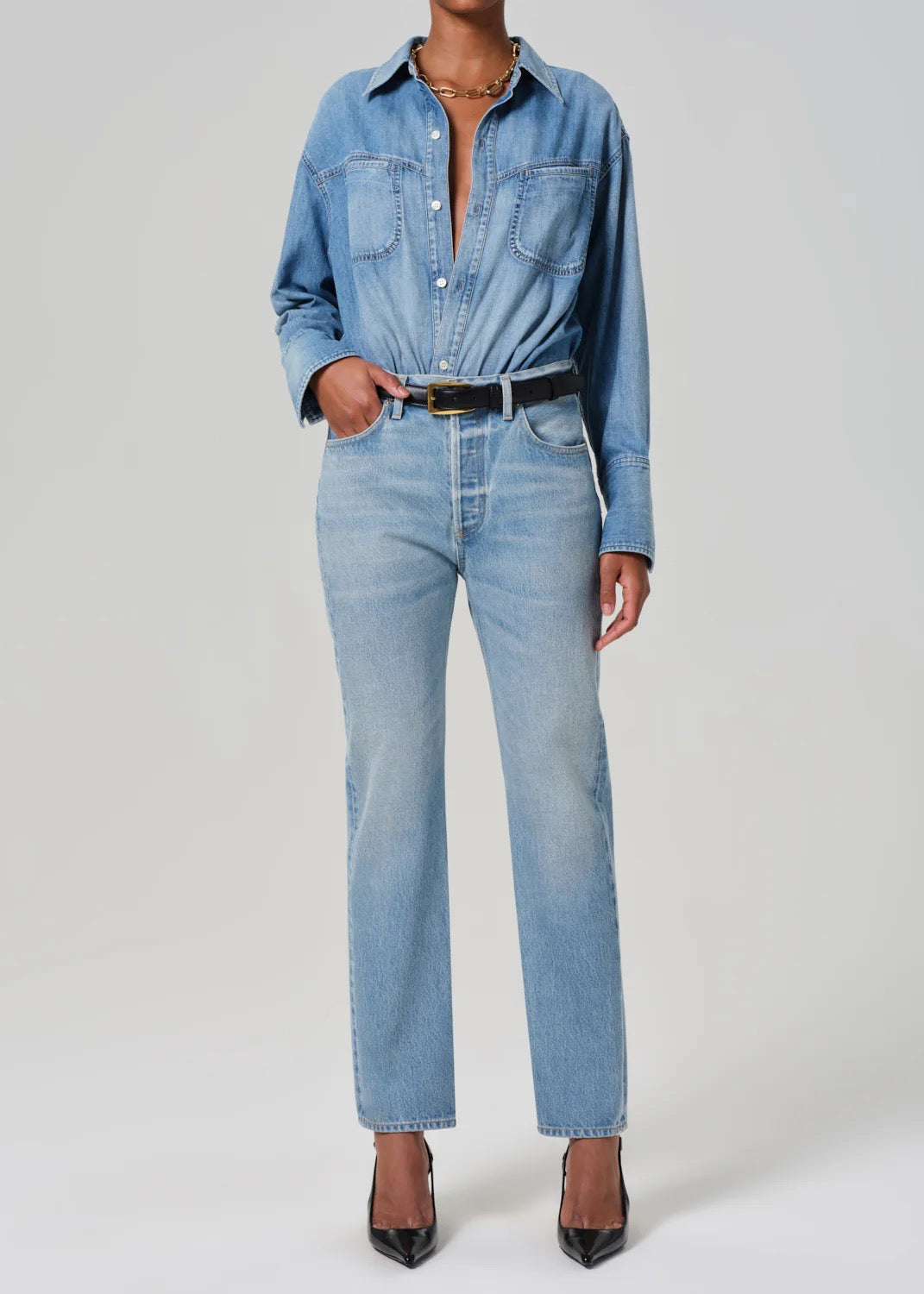Citizens of Humanity Blaine High Rise Jean in Gemini pale indigo, front view worn with a denim shirt