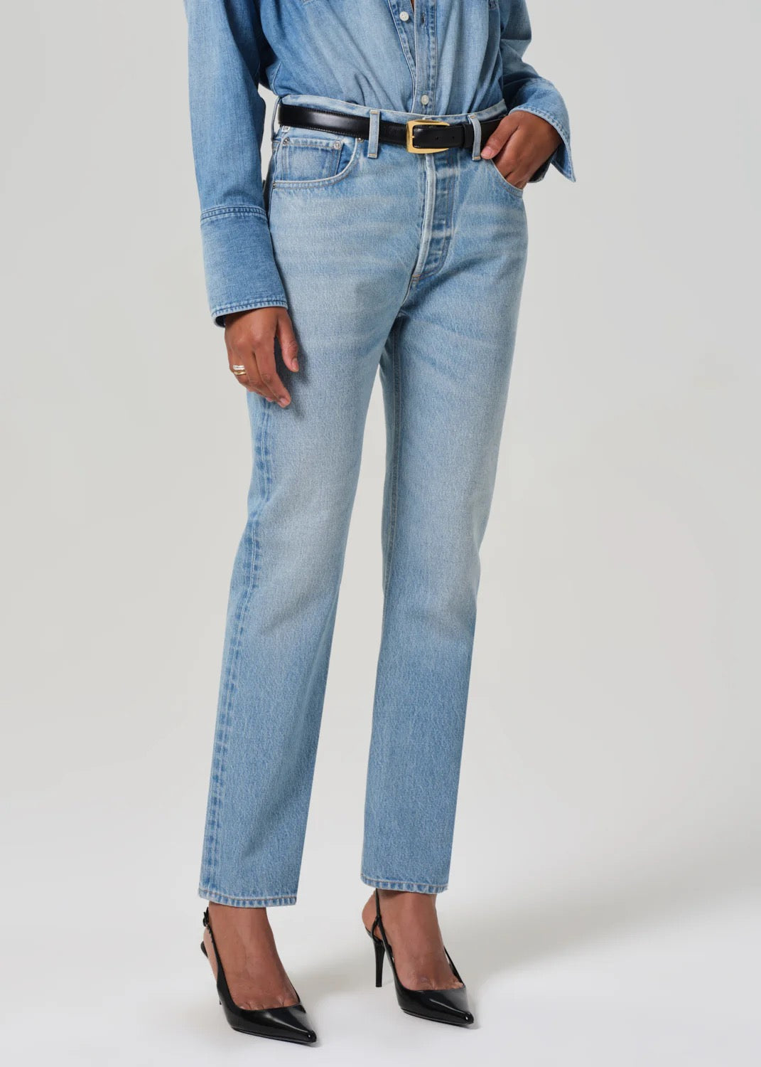 Citizens of Humanity Blaine High Rise Jean in Gemini, closer front view showing high rise and ankle-length straight leg