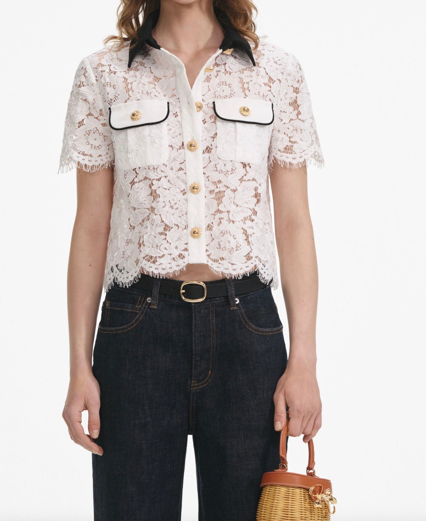 Self-Portrait White Lace Contrast Collar Top front view – white lace blouse with contrast black collar