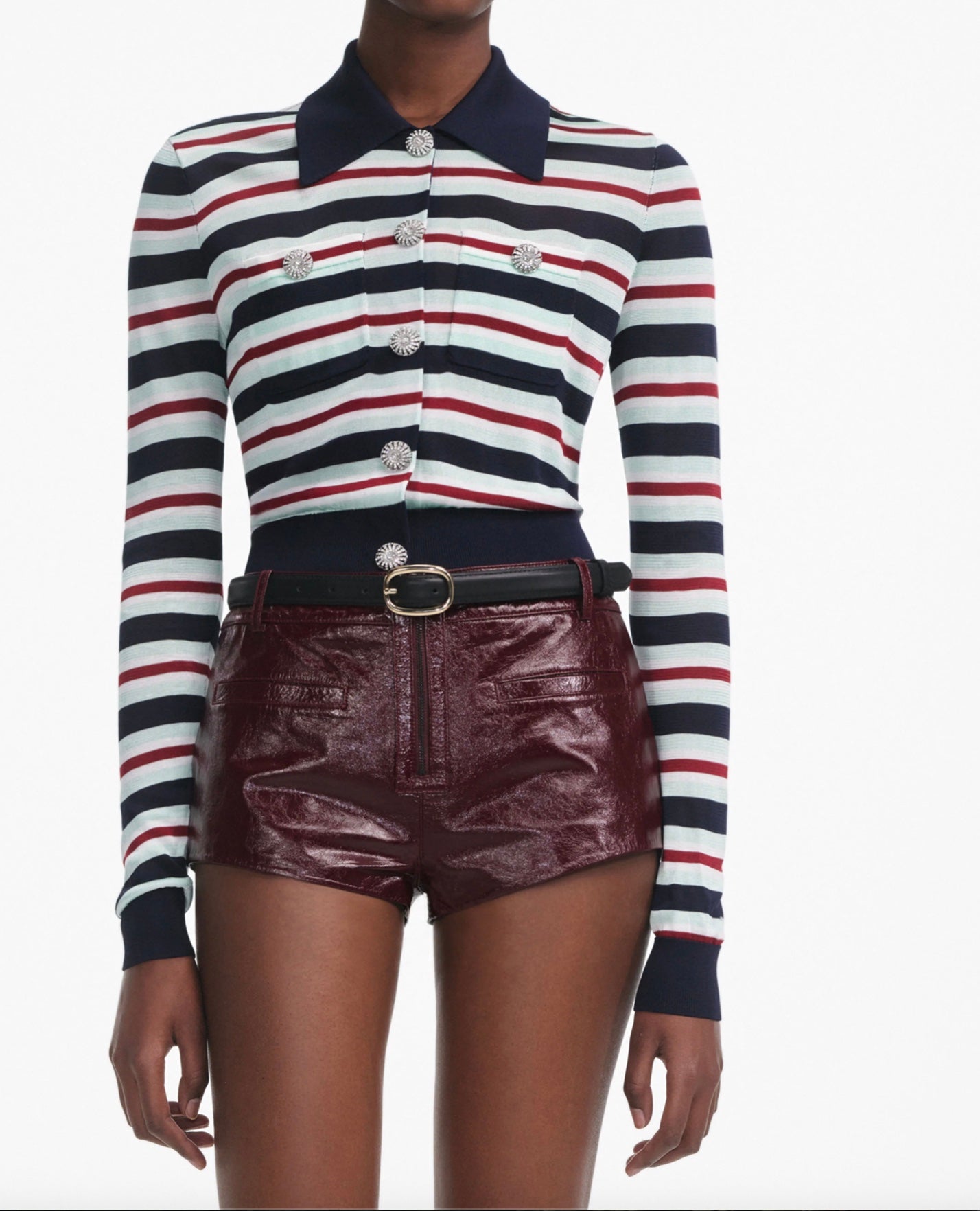 Self Portrait Navy Stripped Viscose Knit Top