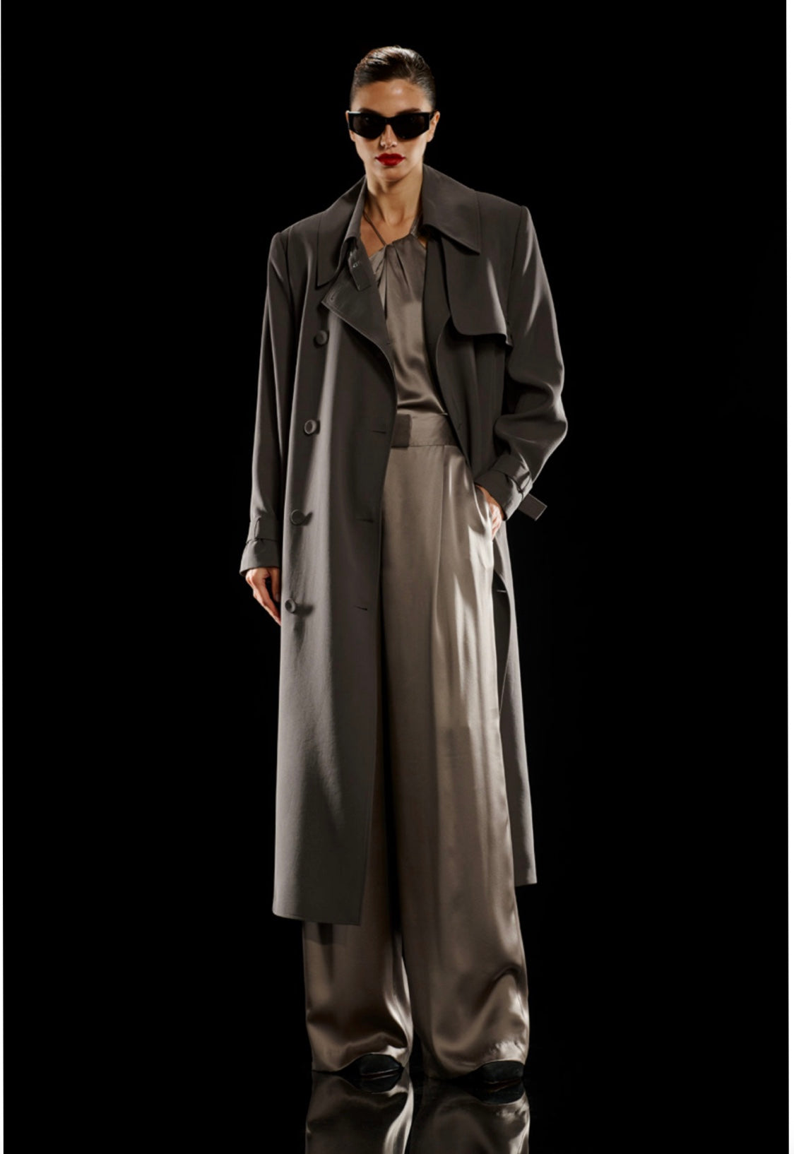 The Sei Structured Trench Coat Grey – front view double-breasted tailored coat