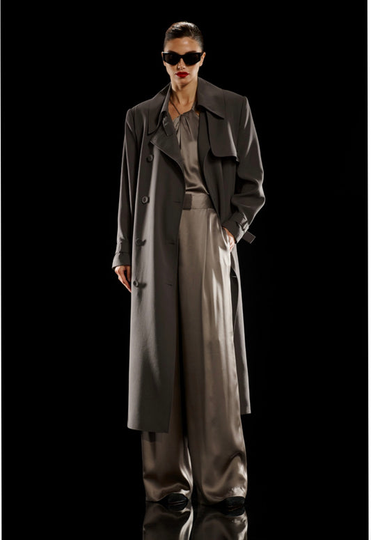 The Sei Structured Trench Coat Grey – front view double-breasted tailored coat