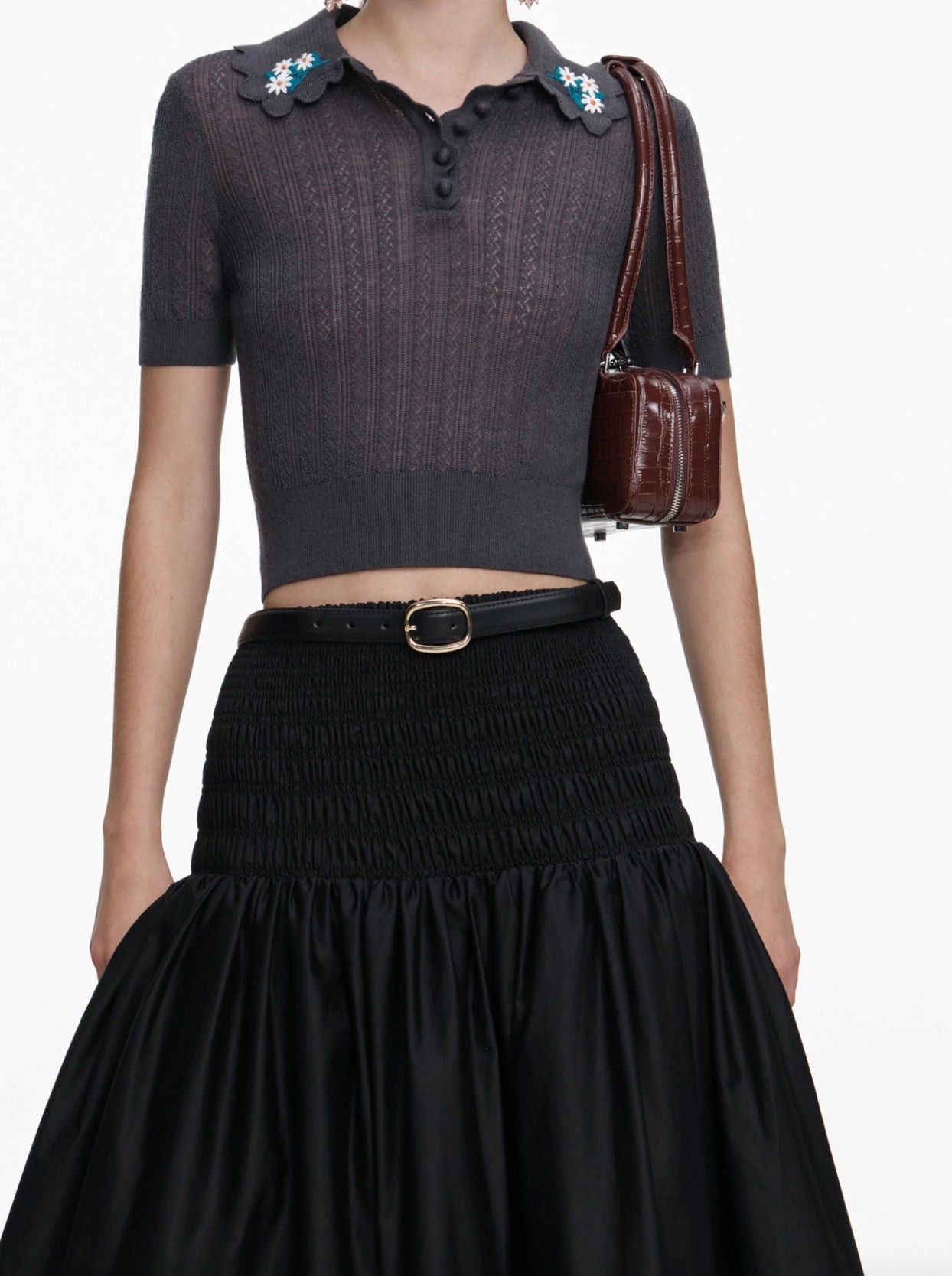 Self Portrait Grey Embroidered Pointelle Knit Top