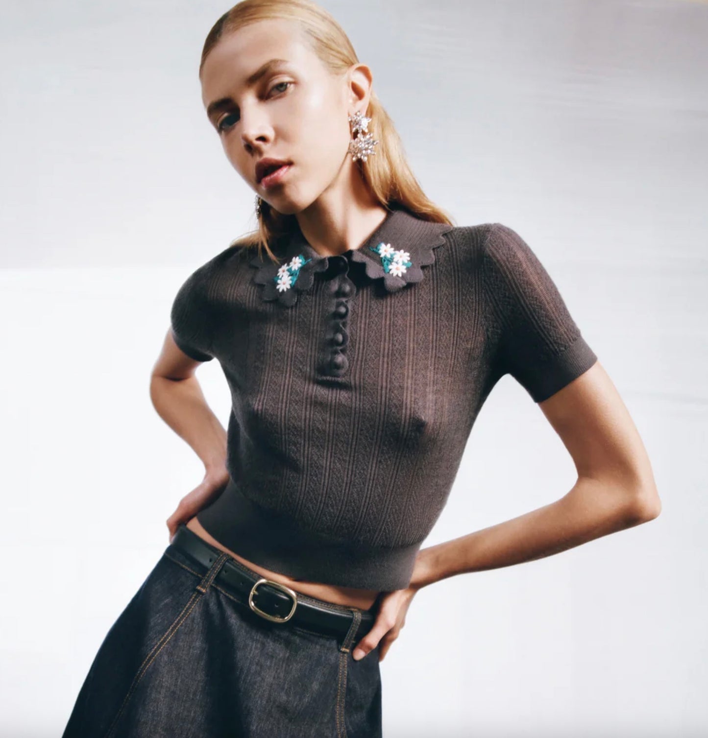 Self Portrait Grey Embroidered Pointelle Knit Top