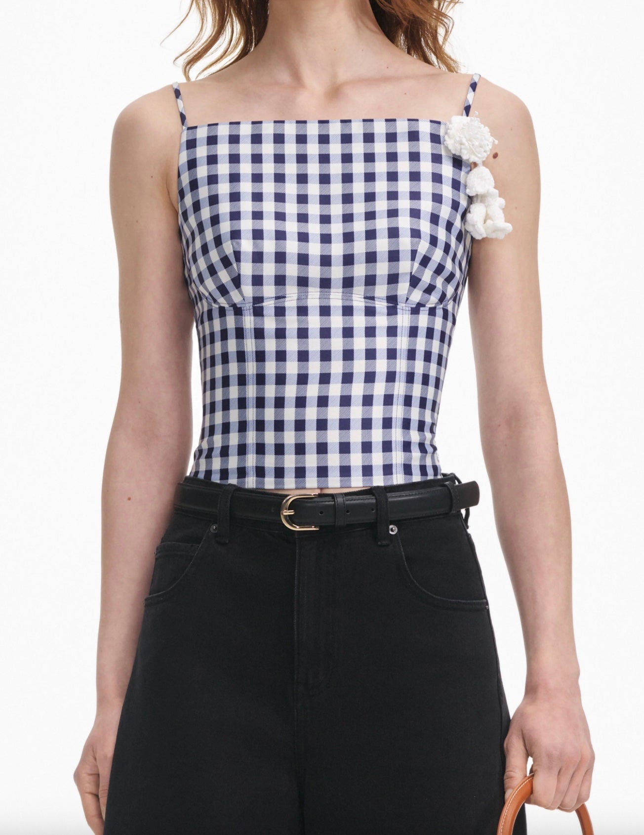 Self Portrait Navy Gingham Taffeta Top
