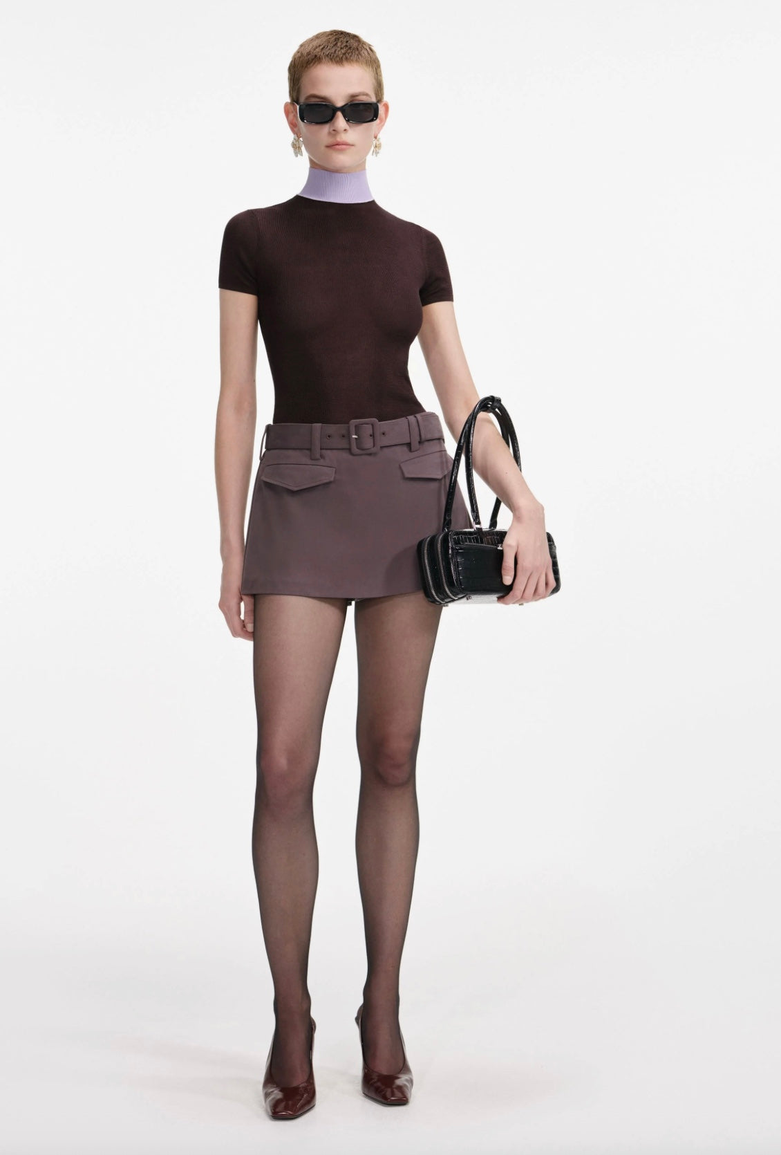 Self Portrait Brown Viscose Knit Short Sleeve Top front view