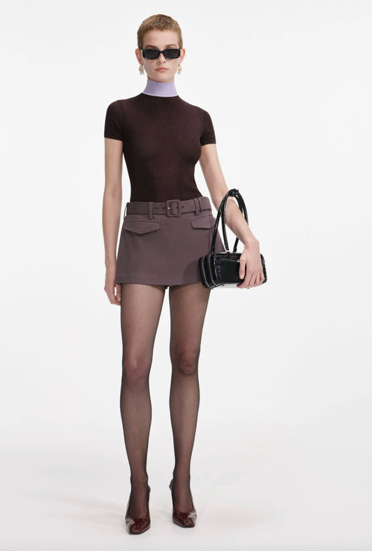 Self Portrait Brown Viscose Knit Short Sleeve Top front view