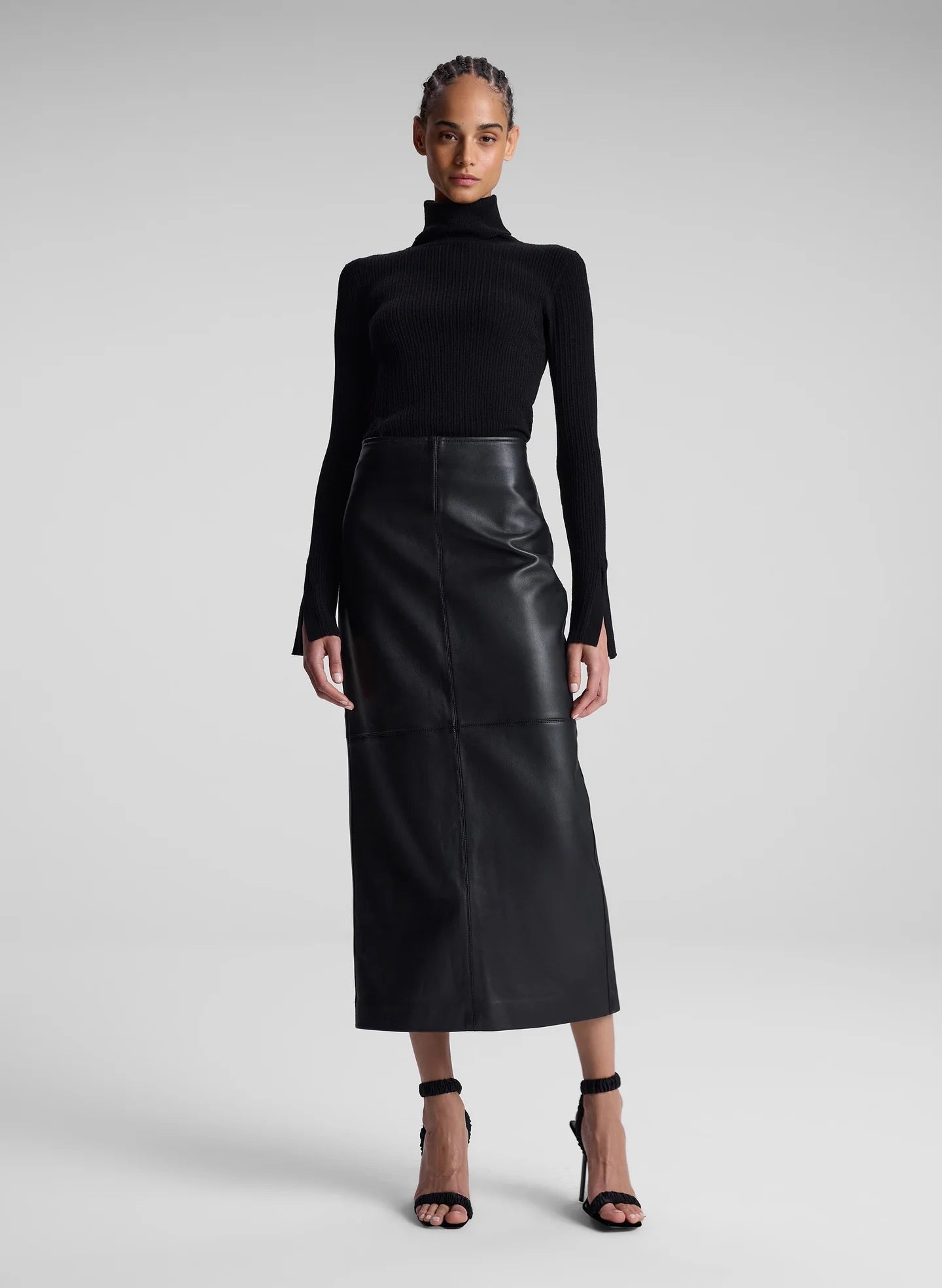 “A.L.C. Marta Skirt — front view pleated A-line midi skirt in black
