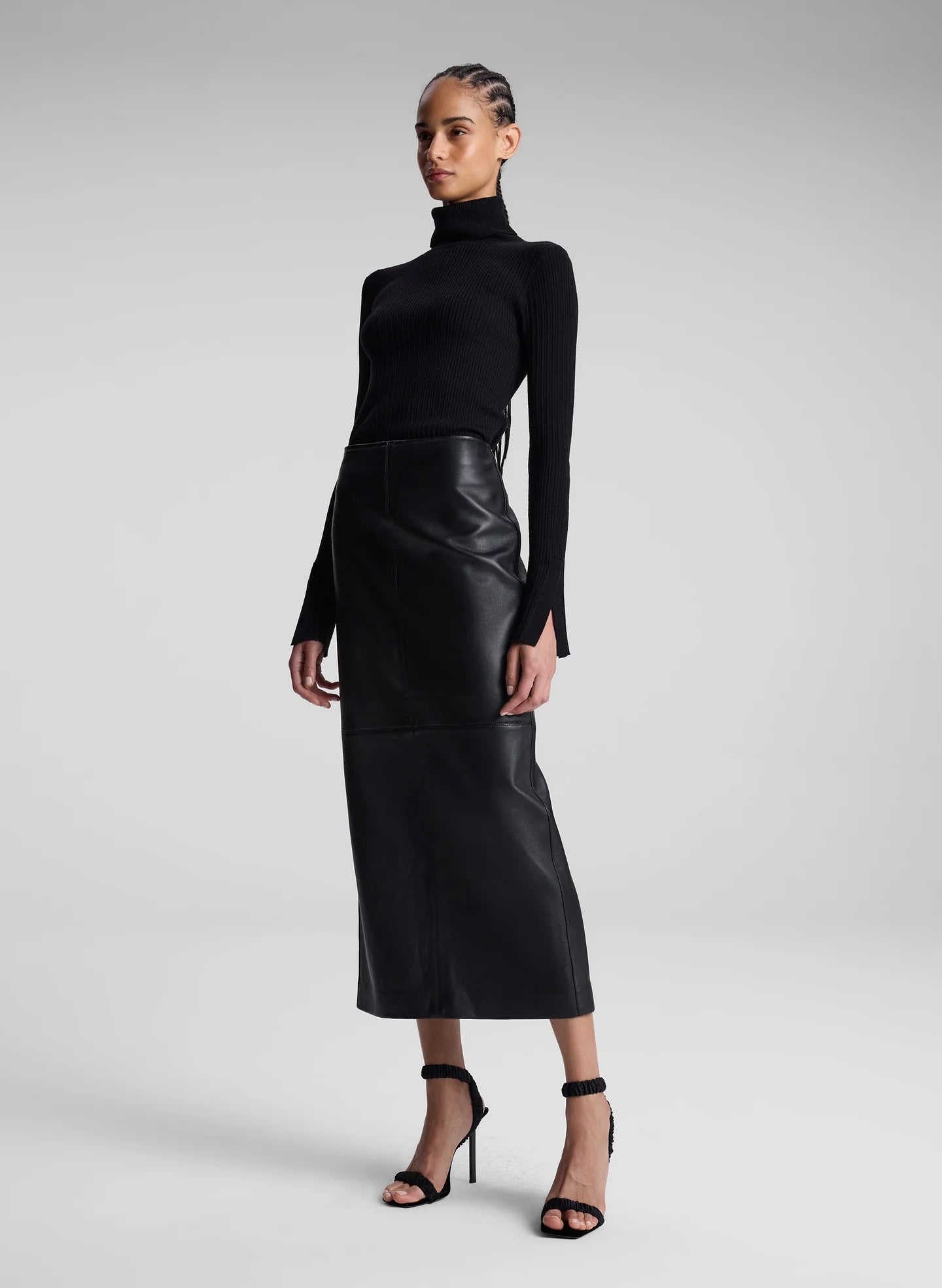 A.L.C. Marta Skirt — front view pleated A-line midi skirt in black