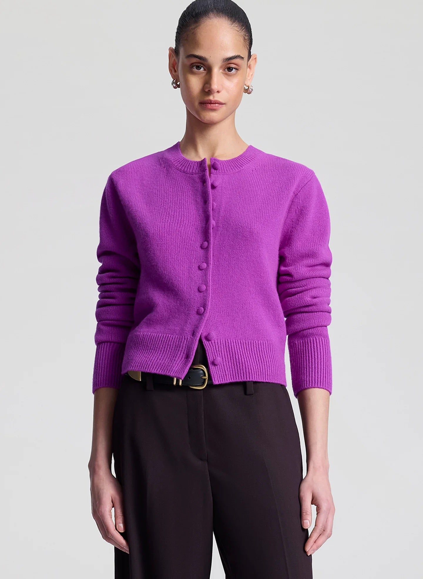 ALC Skyler Cashmere Cardigan in Fuchsia worn by model, featuring a cropped silhouette and button-front design.