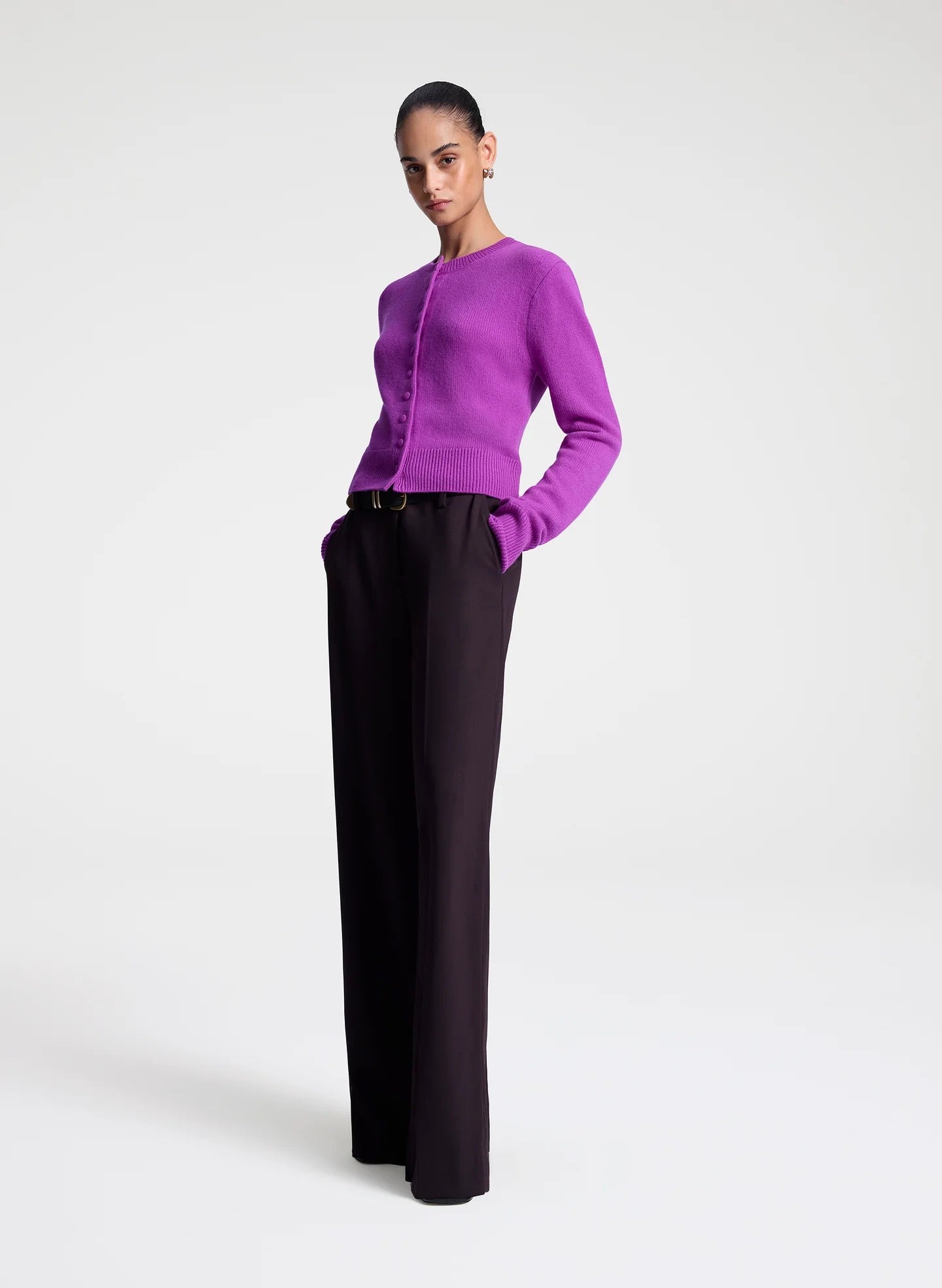 ALC Skyler Cashmere Cardigan in Fuchsia styled with tailored black trousers.