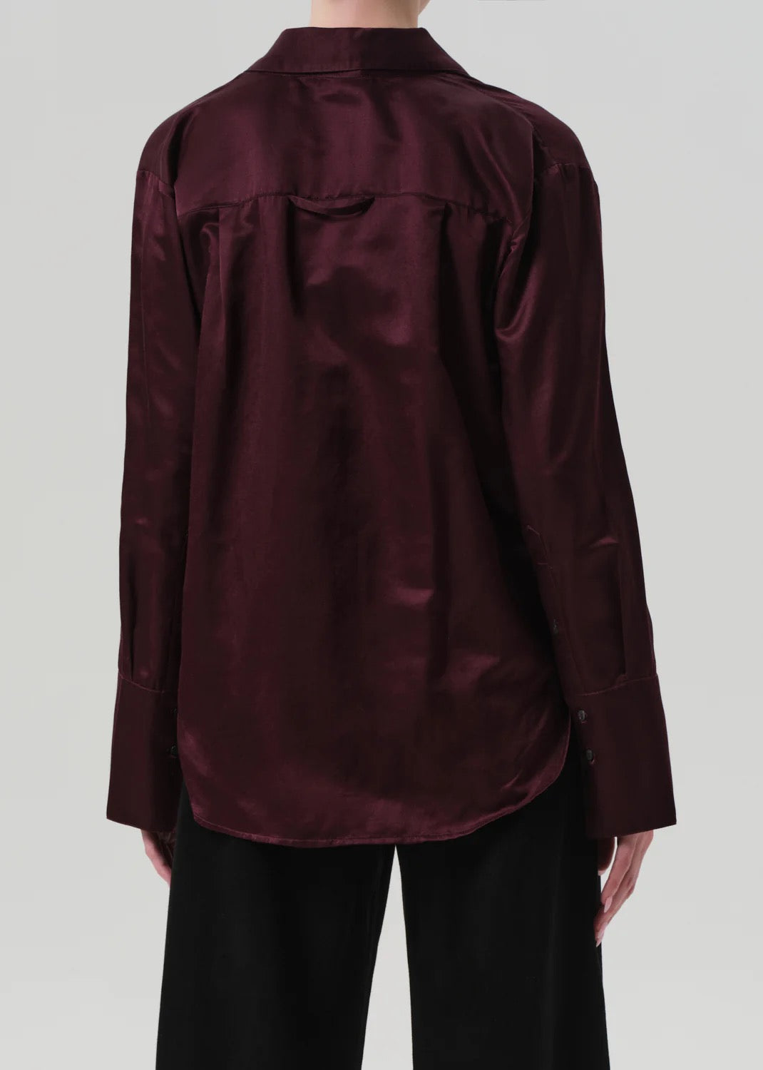Back view of the Citizens Of Humanity Camilia shirt burgundy, featuring long sleeves and smooth fabric.