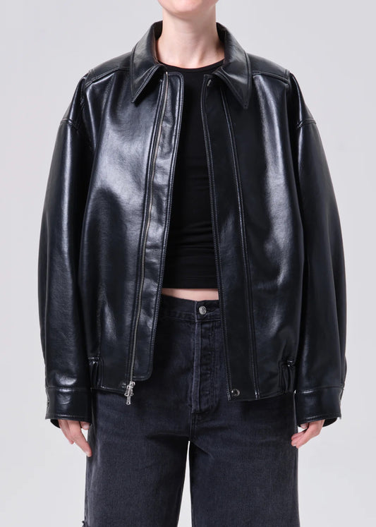 AGOLDE Aston Recycled Leather Bomber Jacket in Black