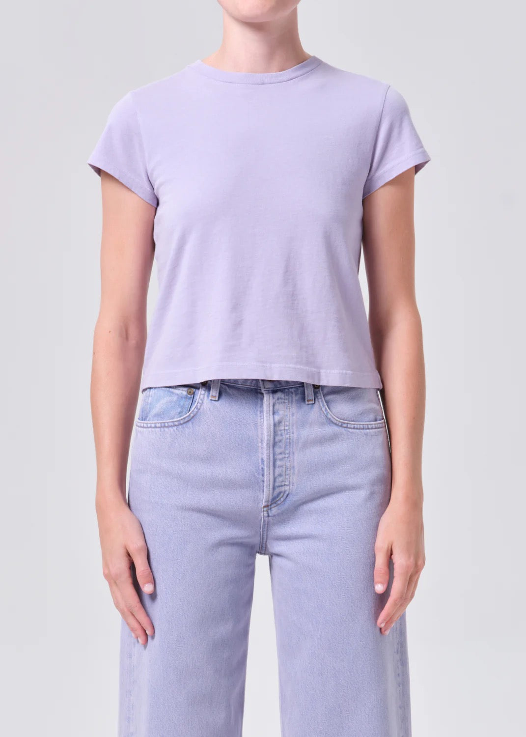 model wearing Agolde Adine Shrunken Tee in purple