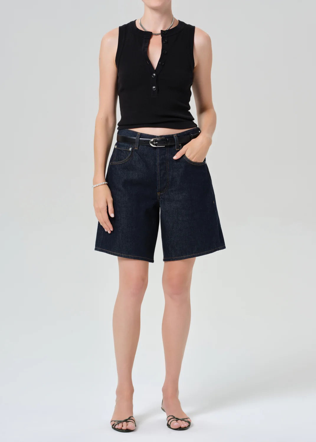 Sleeveless Citizens of Humanity tank styled with denim shorts