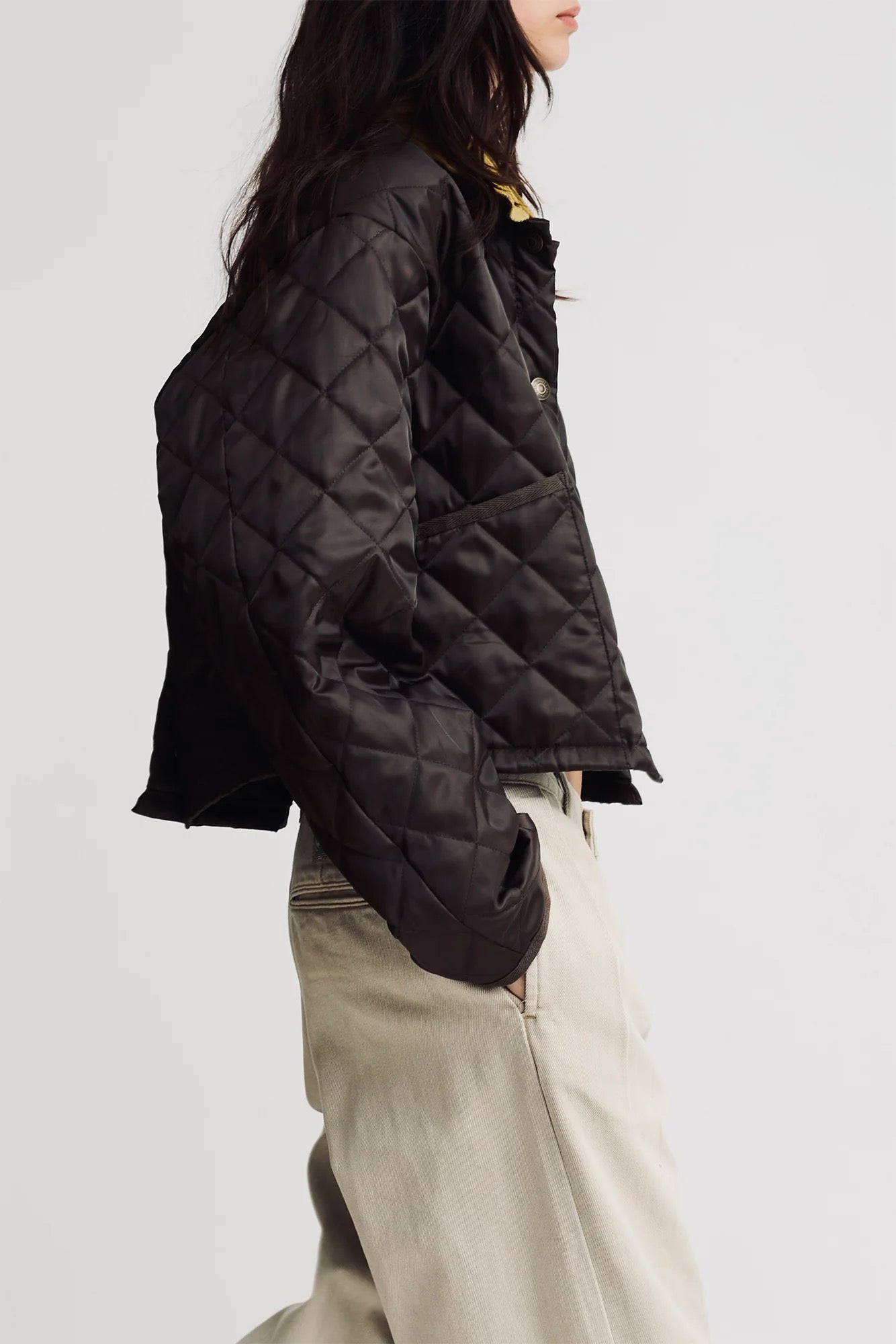 Denemist Cropped Quilted Jacket- Brown