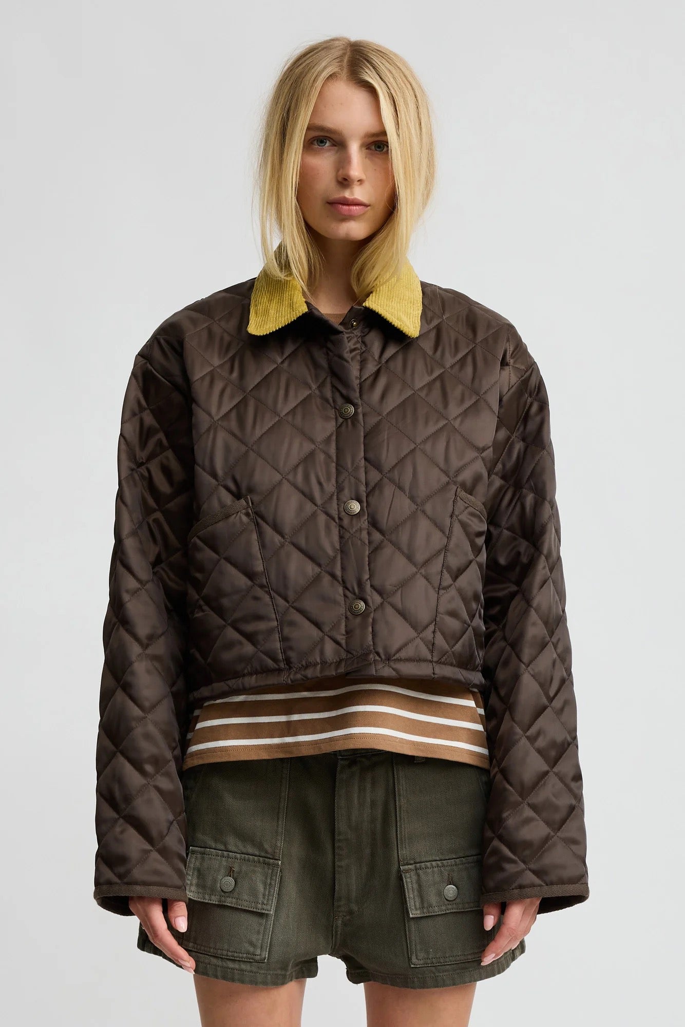 Denemist Cropped Quilted Jacket- Brown